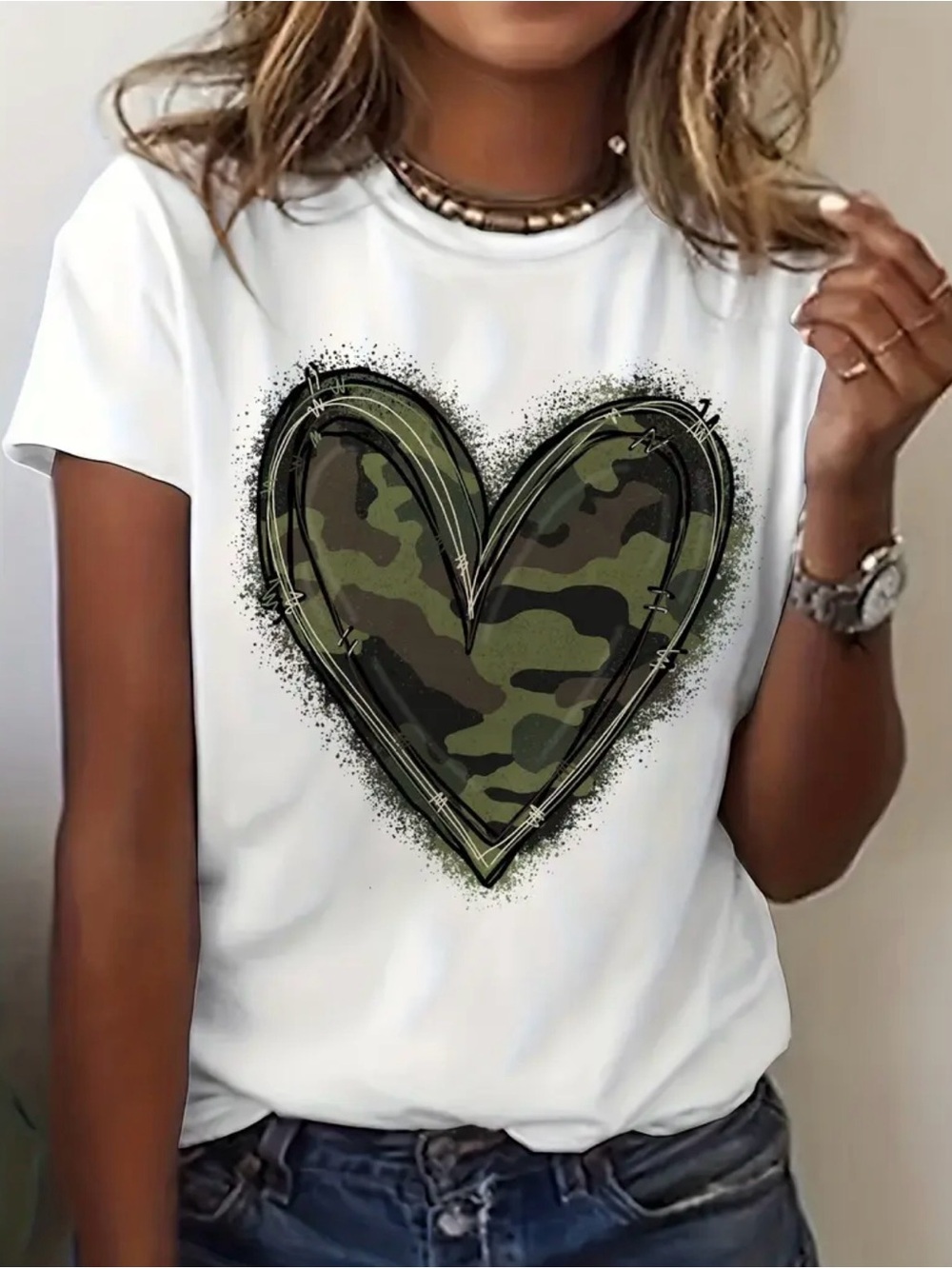 White Short-Sleeve Tee with Green Camo Heart Graphic